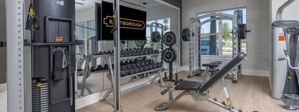 A modern gym with weightlifting equipment, including dumbbells, barbells, a bench press, and a cable machine. A wall-mounted mirror and TV are visible in the background.