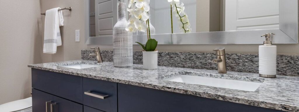 Bathroom with granite countertop, dual sinks, modern faucets, a large mirror, and a decorative vase with white orchids. A towel hangs on the wall.